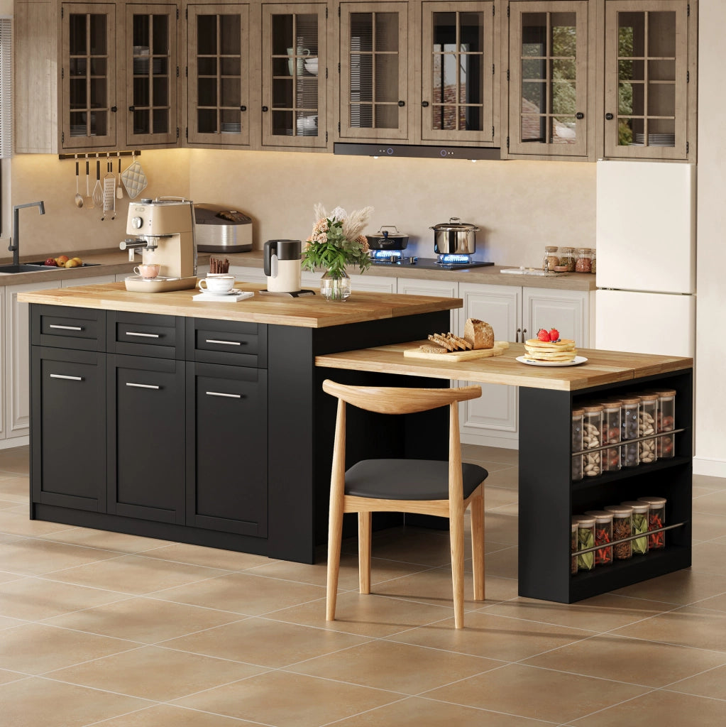 Isola cucina moderna 150x90x90 cm con tavolo estraibile; MDF naturale e nero
