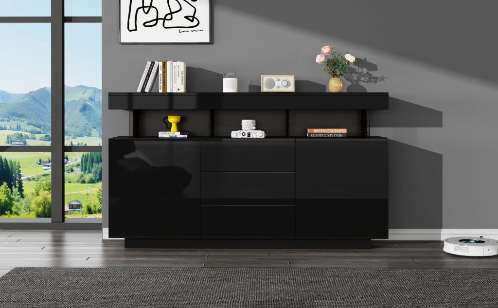 Credenza moderna nera lucida 140 cm 3 cassetti mobile soggiorno con luci led