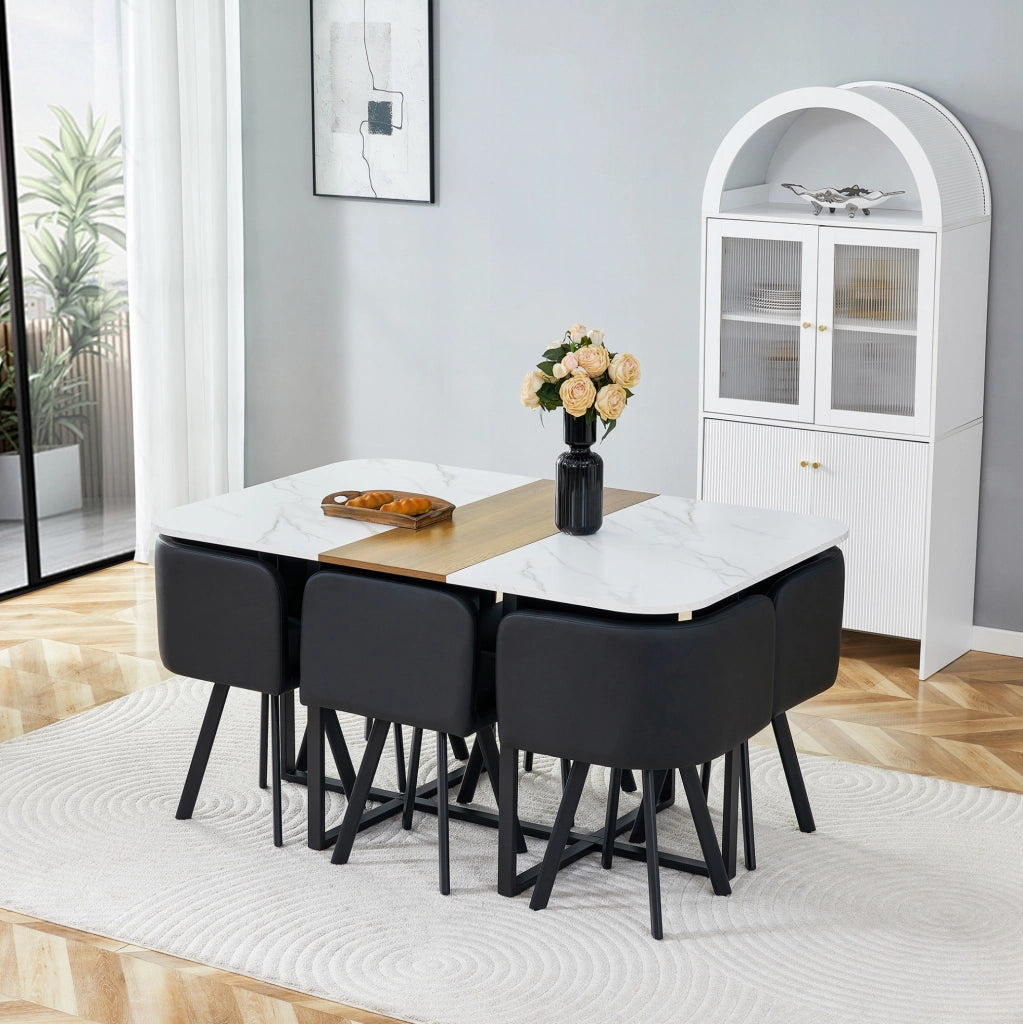 Set tavolo da pranzo 7 pezzi bianco e legno, 6 sedie in PU, struttura nera