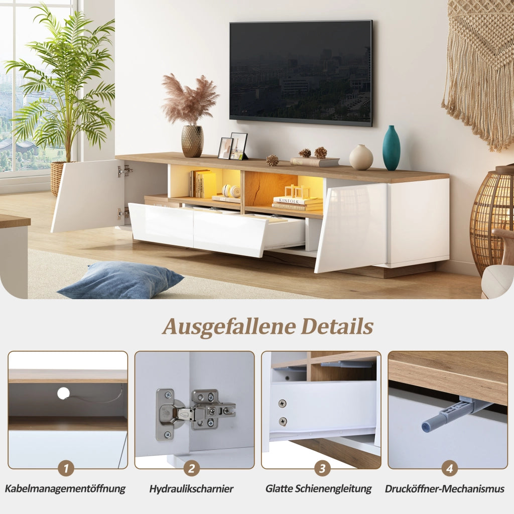 TAVOLO TV 180x40x46 cm con 2 cassetti, 2 ante, LED, bianco