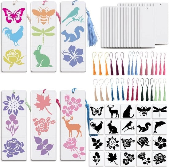 Kit per creare cartelle 30 set - carta bianca - pennarelli colorati - stencil fiori/animali - artigianato fai da te - inclusa colla adesiva