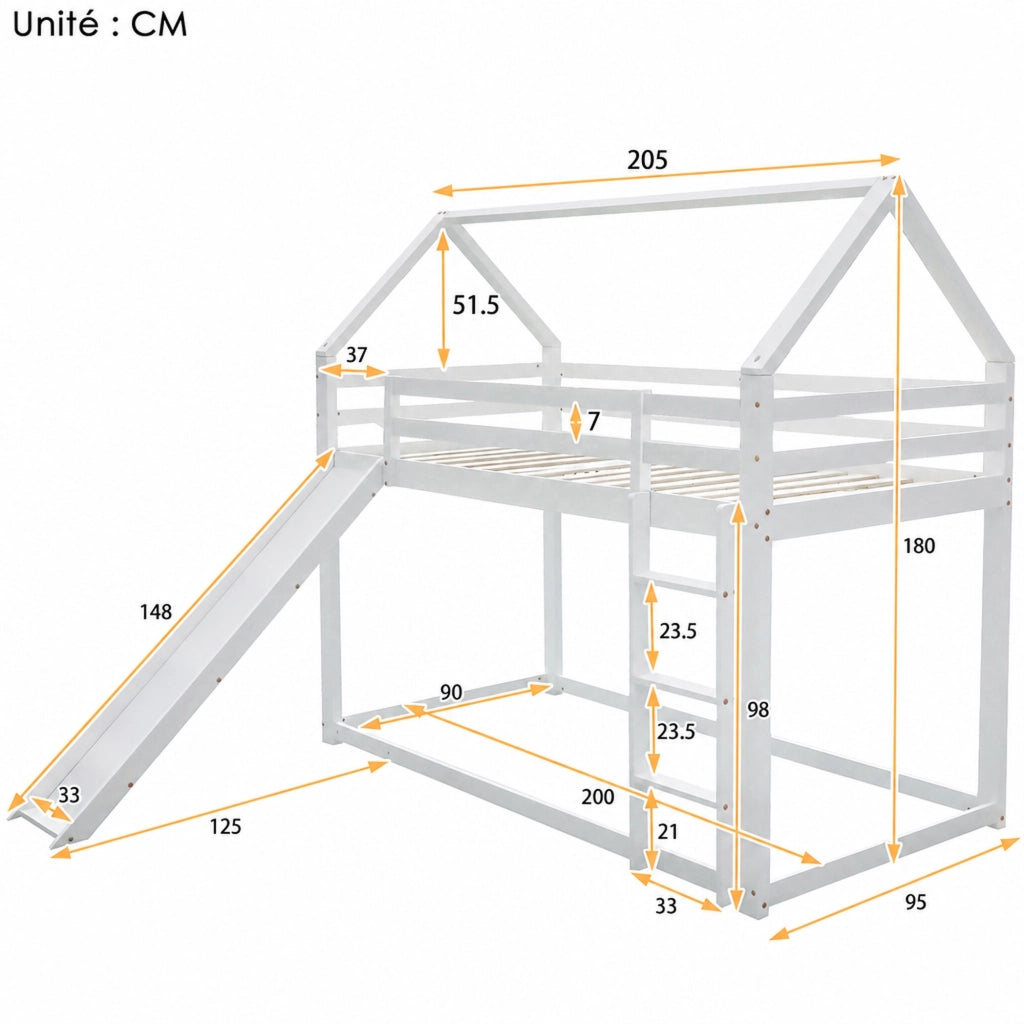 Letto a castello per bambini a forma di casa con scivolo e scala, bianco, 90x200 cm