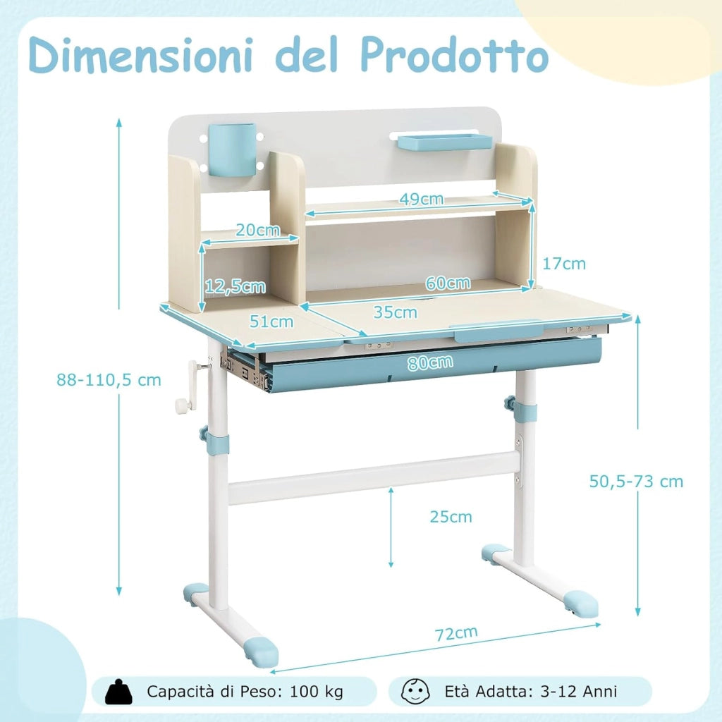 Scrivania per Bambini 3+ Anni Regolabile in Altezza 50-73 cm, Blu | Scrivania da Studio con Piano Inclinabile 60°, Scrittoio Cameretta con Scaffale, Cassetto, Portapenne e Righello
