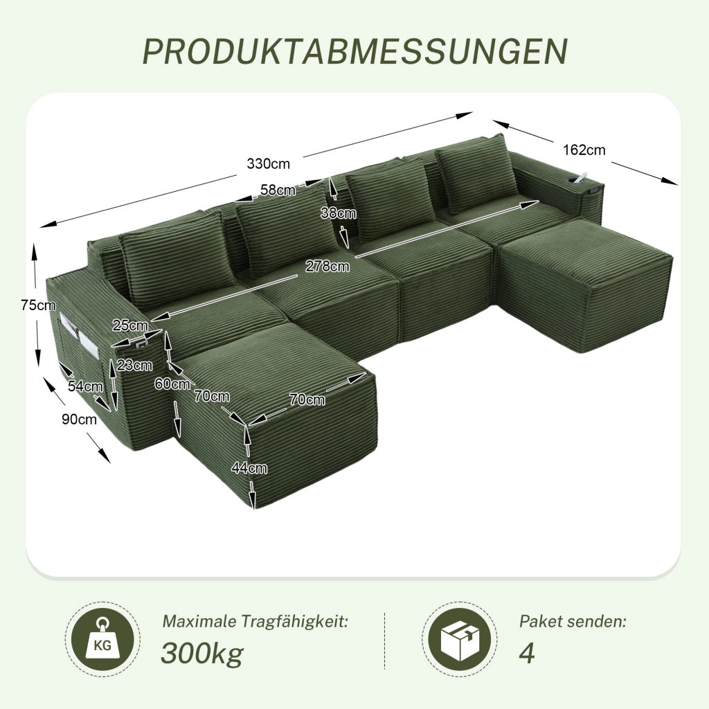 Divano modulare 4 posti con portabicchieri e tasche laterali in tessuto a coste verde 330 × 162 × 75 cm
