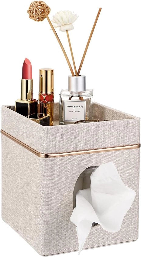 Cassa quadrata per tessuto con cassetto superiore - Contenitore per tessuto in cubo per tavolo di ufficio - Beige supporto per utensili