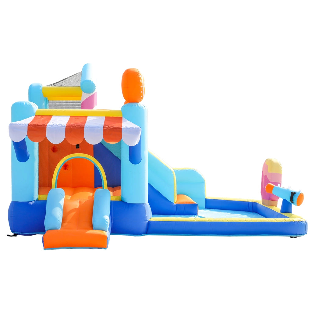Castello gonfiabile per bambini con doppio scivolo e area giochi d'acqua in tessuto oxford blu con soffiatore 450W