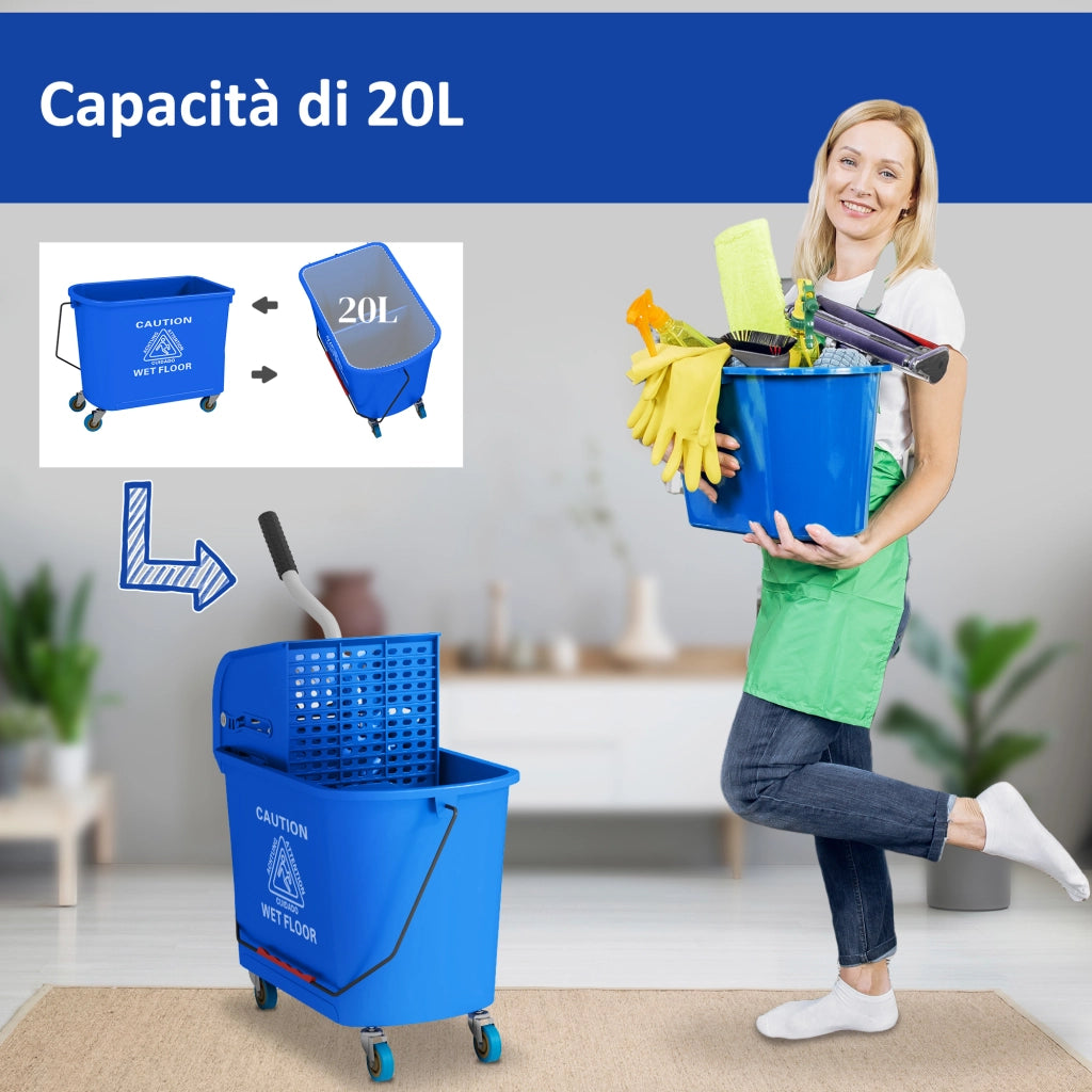 Carrello per Pulizie in Plastica PP da 20L con Secchio e Strizzatore. 60x27x70.5 cm. Blu