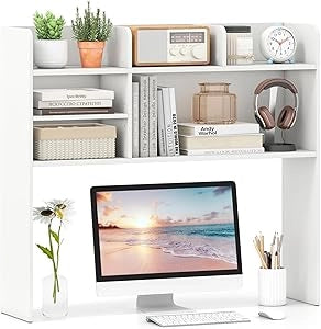 Libreria da Scrivania, Scaffale da Scrivania con 6 Ripiani in Legno, Scomparto Aperto per Monitor 32", Espositore per Dormitori Uffici Studio, 94 x 24 x 85 cm (Bianco)
