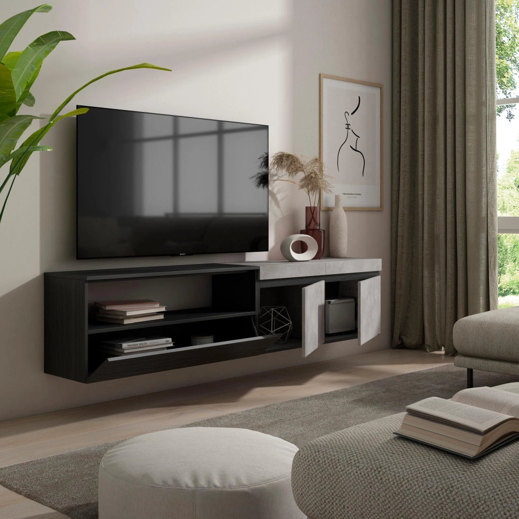 Mobile TV, 200x35x45cm, soggiorno, Per TV fino a 80", da appendere, grigio cemento RF2234