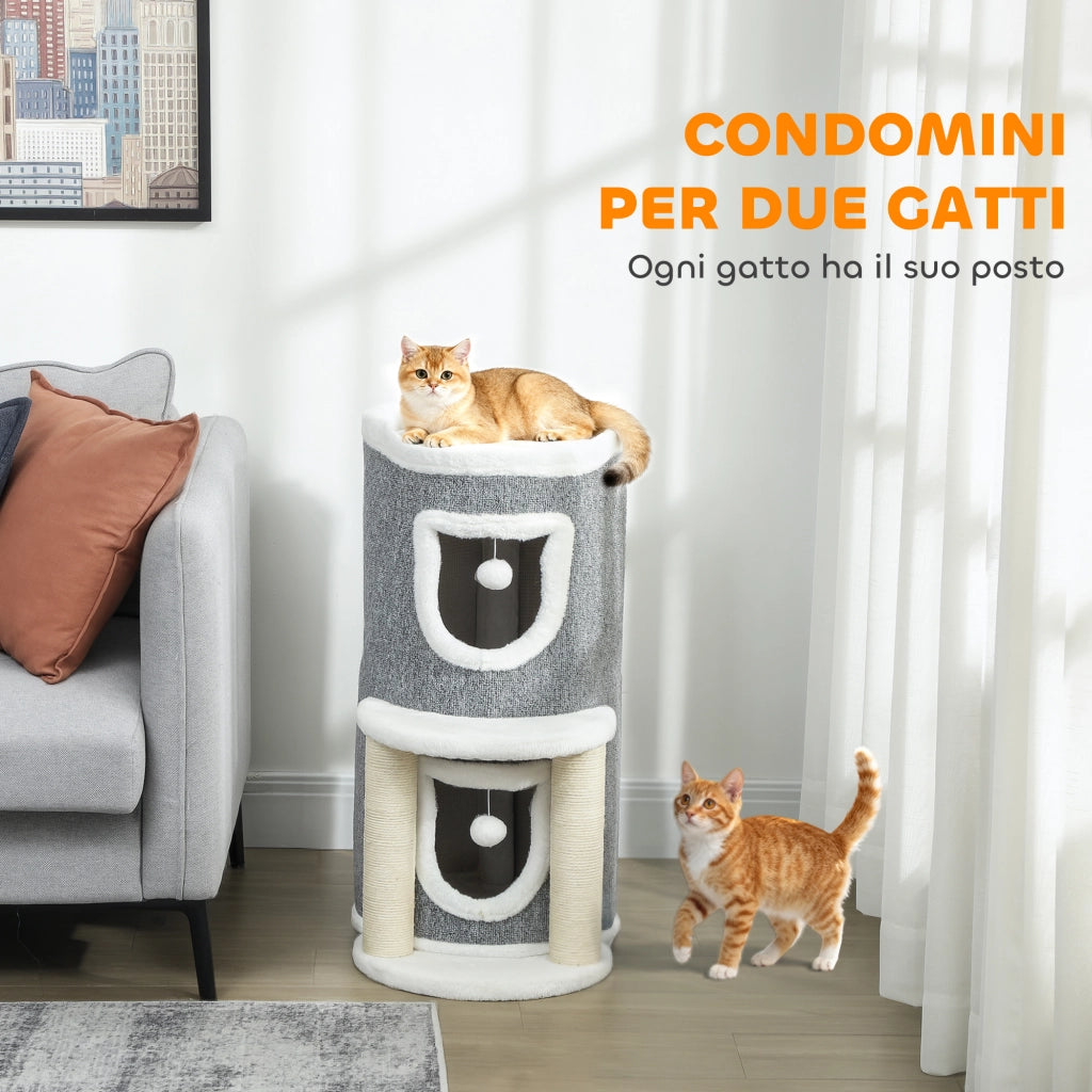 Albero Tiragraffi per Gatti Alto 76 cm con Casette Lettino Palline e Pali in Sisal Grigio
