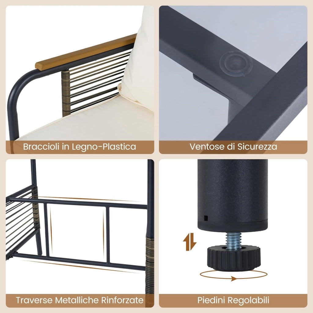 Set Salottino da Giardino in Vimini, Set di Mobili da 3 Pezzi per Esterno Salvaspazio con Cuscini, Tavolo Rettangolare e Sedie in Rattan per Balcone, Veranda, Giardino e Cortile (Beige)
