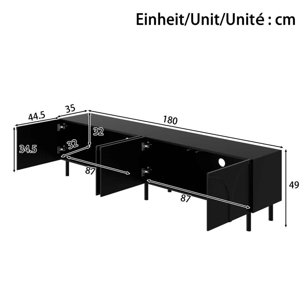 Mobile porta TV con 4 ante e 2 vani separati, piedi in metallo, per soggiorno, in MDF e PB, nero, 180 × 35 × 49 cm