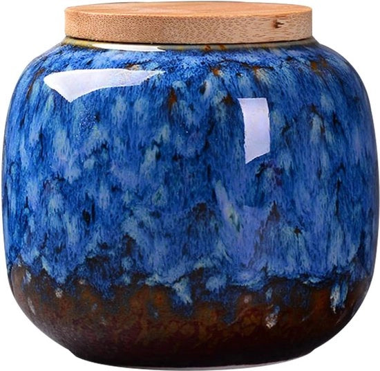 Contenitore di conservazione alimentare in ceramica a chiusura ermetica con coperchio in bambù naturale, contenitore di scorta per caffè, tè, spezie e noci, ceramica, blu, unico modello