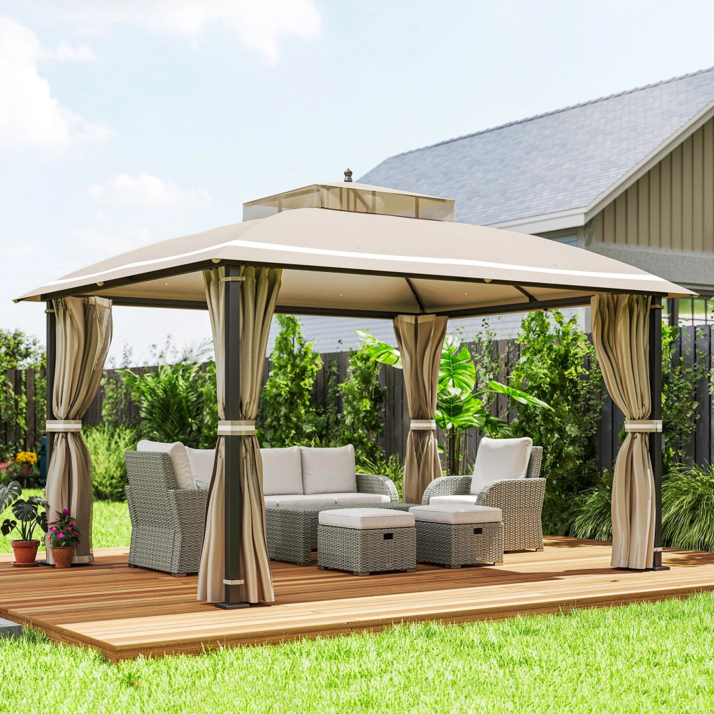 Gazebo da Giardino 370x303x290 cm Tende Laterali e Zanzariere Beige