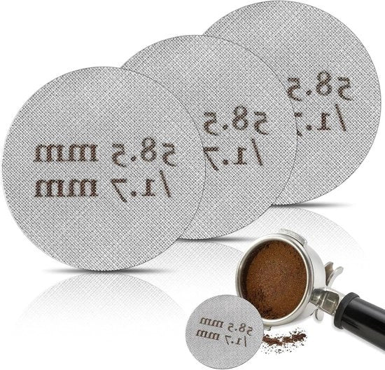 Filtro a Puck 3 Pezzi 58mm per Caffè - 1,7mm di Spessore 150μm Acciaio Inossidabile 316 Riciclabile per Espresso Casa Ufficio