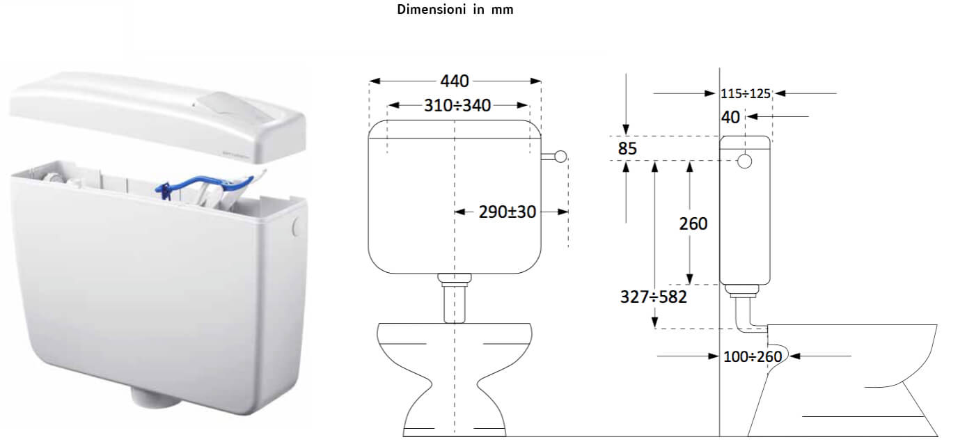 Cassetta WC a Zaino con 2 Pulsanti 44,5x14x38 cm Forlani Maxima 2 Bianca