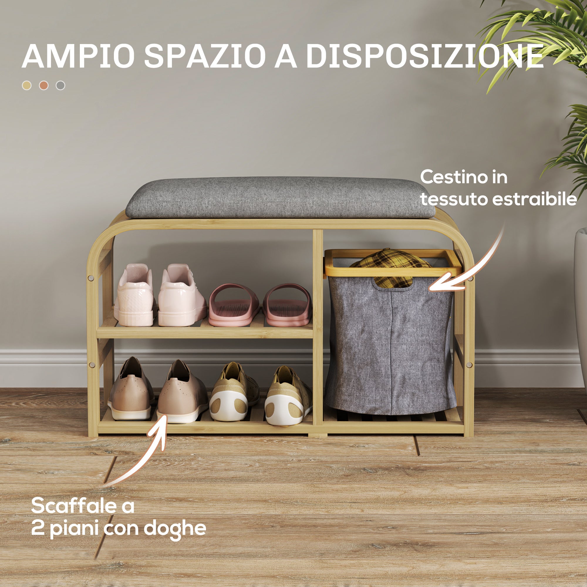 Panca Scarpiera da Ingresso 70x30x45 cm con Seduta Imbottita e Cesta Estraibile Design a Doghe Legno
