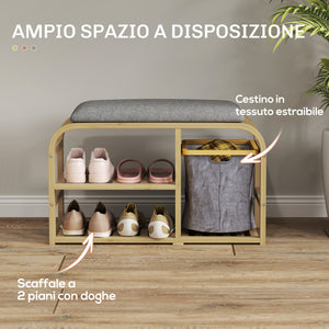 Panca Scarpiera da Ingresso 70x30x45 cm con Seduta Imbottita e Cesta Estraibile Design a Doghe Legno