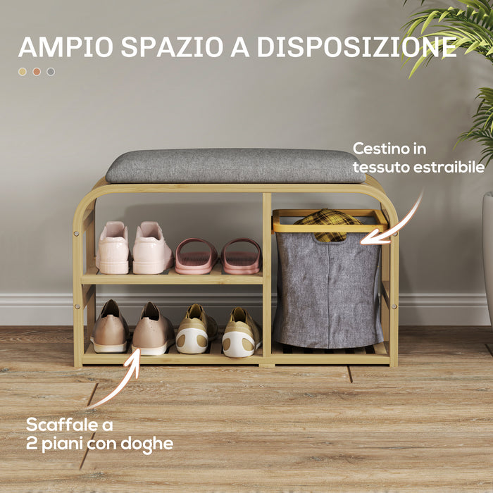 Panca Scarpiera da Ingresso 70x30x45 cm con Seduta Imbottita e Cesta Estraibile Design a Doghe Legno