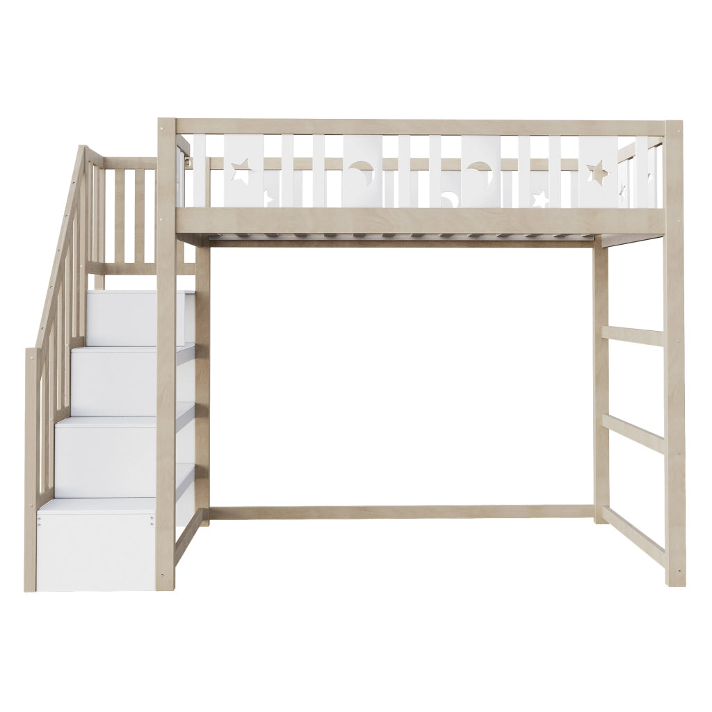Letto a soppalco per bambini 90x200 cm in legno massello; con scala e ripiani; bianco/naturale