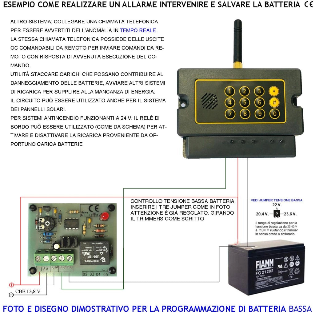 Circuito Salva Batteria 12 V Controlla La Tensione di Scarica Tarato ma Tarabile Intervento Relè Ritardato per Evitare L'innesco Ripetitivo Può Attivare Sistemi di Carica Comandare Sirene Chiamate GSM