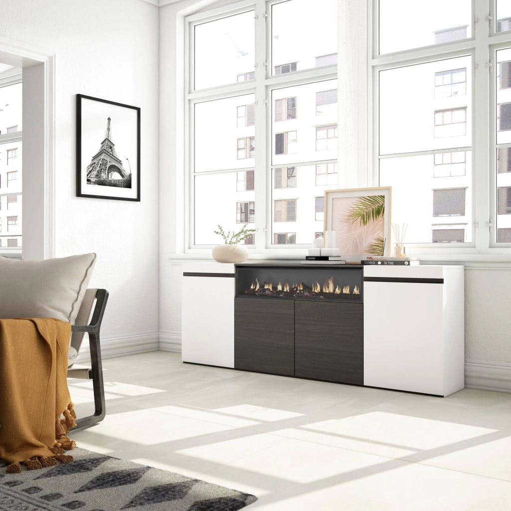 Credenza, Mobile, 200x35x75cm, 4 Porte, Camino elettrico, Bianco e nero RF2302