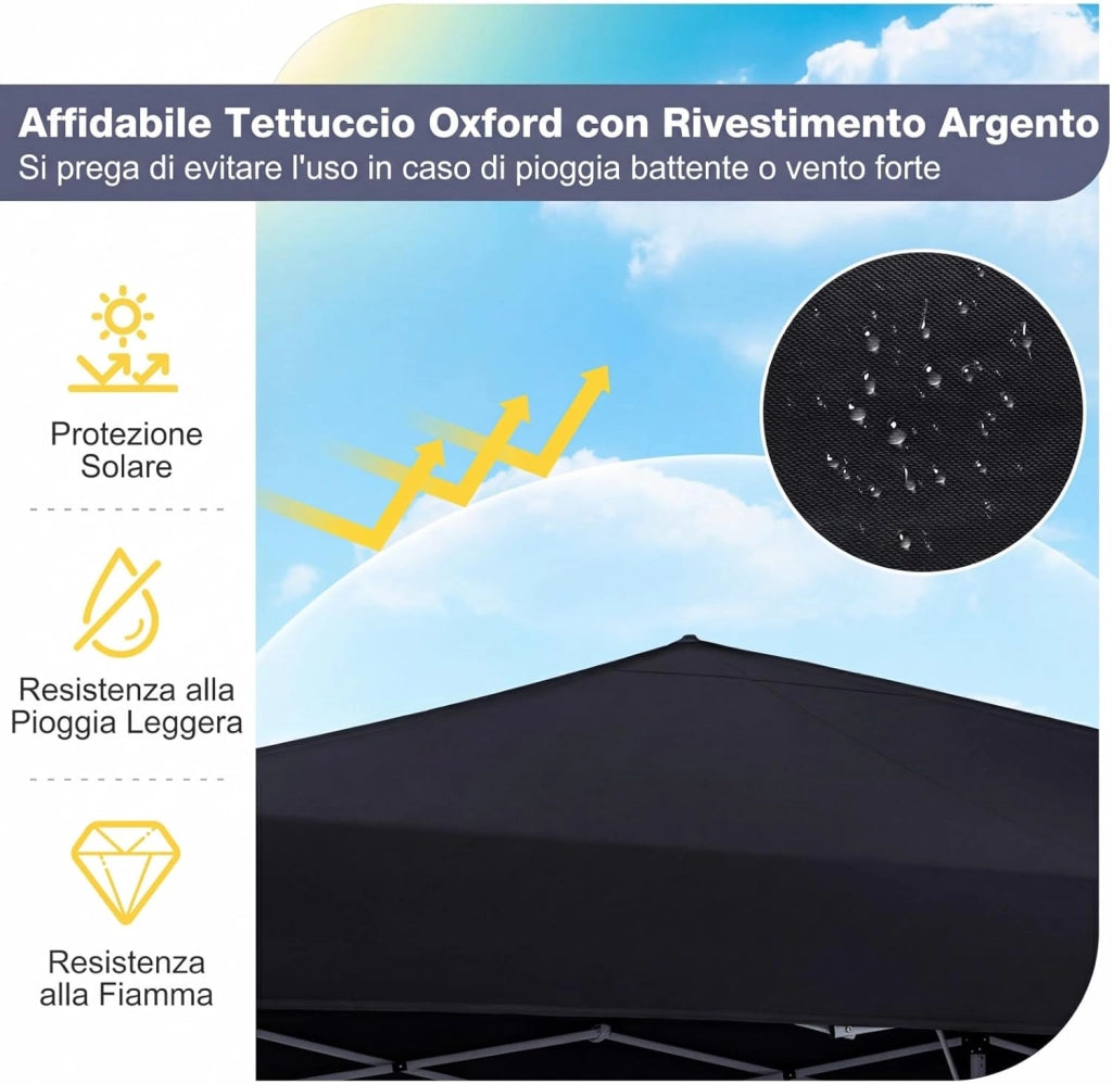 Gazebo da Esterno Pieghevole 290 x 290 cm, Gazebo Pop up con 4 Sacchi di Sabbia e Borsa da Trasporto, Regolabile in Altezza, Telaio Robusto in Metallo, per Mercato, Campeggio (Nero)