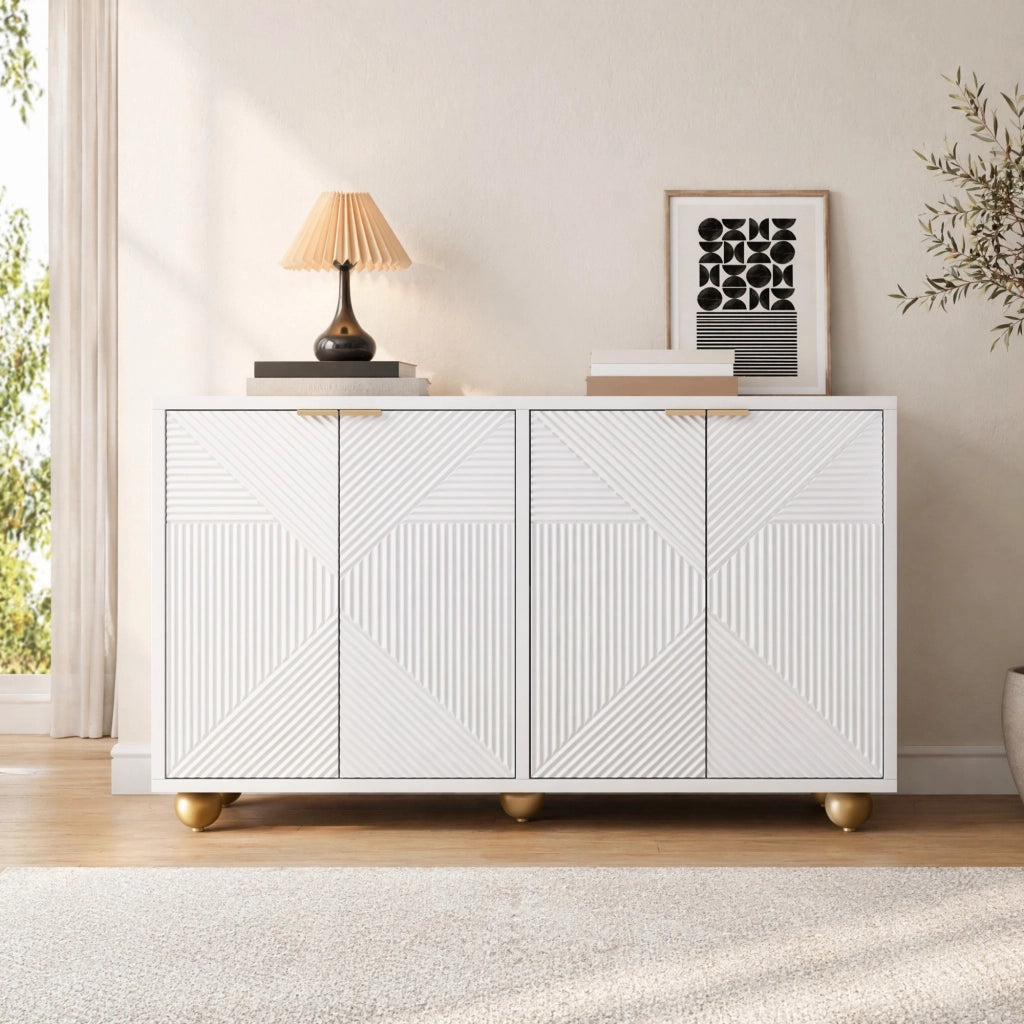 Credenza a 4 ante con ripiani interni regolabili; dettagli incisi e gambe sferiche; bianco; 120 cm in MDF