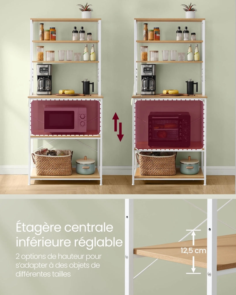 Mensola da cucina con multipresa mensola per macchina da caffè 6 ripiani 6 ganci per forno a microonde struttura in acciaio 40 x 80 x 167 cm bianco 12_0005664