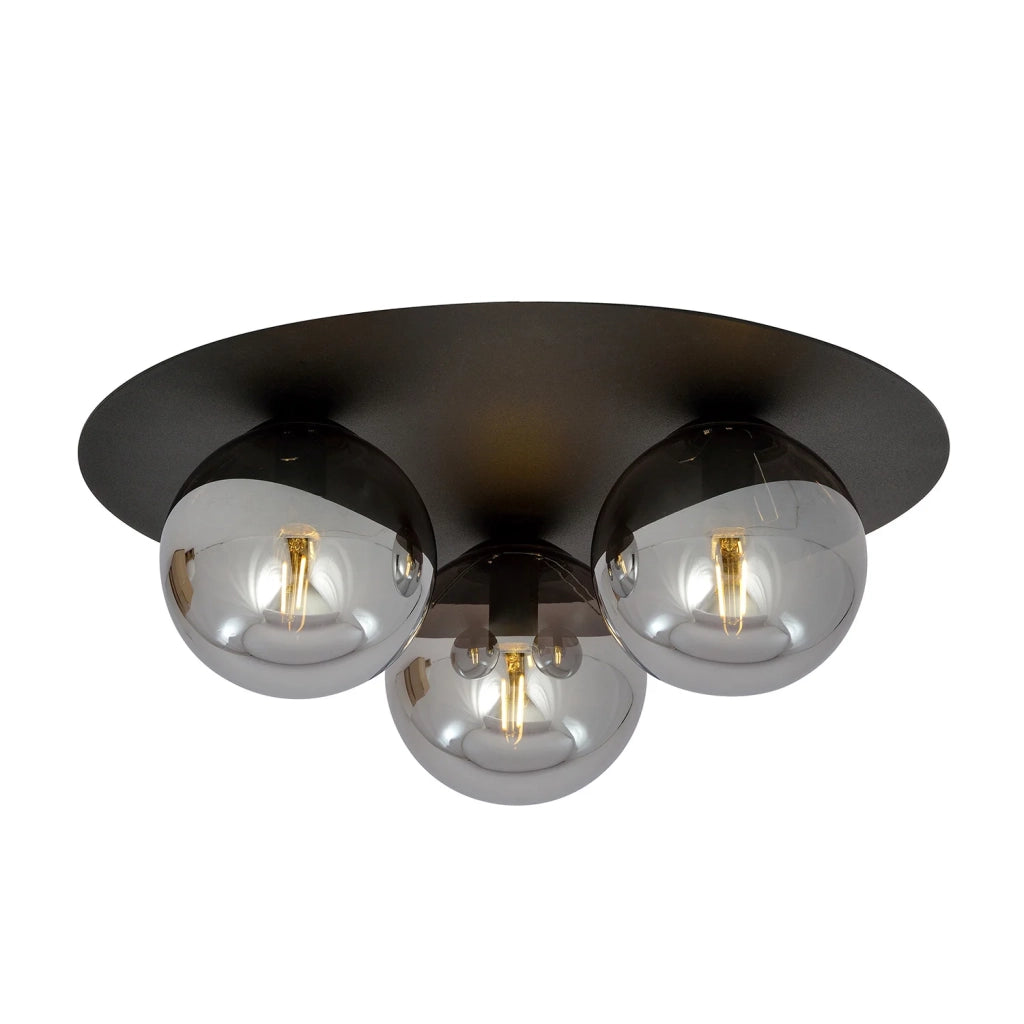 Plafoniera Minimal 3 Luci Mnemosine In Acciaio Nero E Sfere Di Vetro Fumè