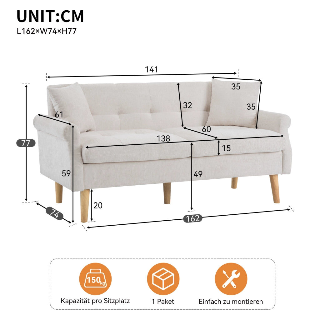 Divano 2 Posti con Cuscini spessi e Braccioli ergonomici, in Ciniglia Beige 162 × 74 × 77 cm