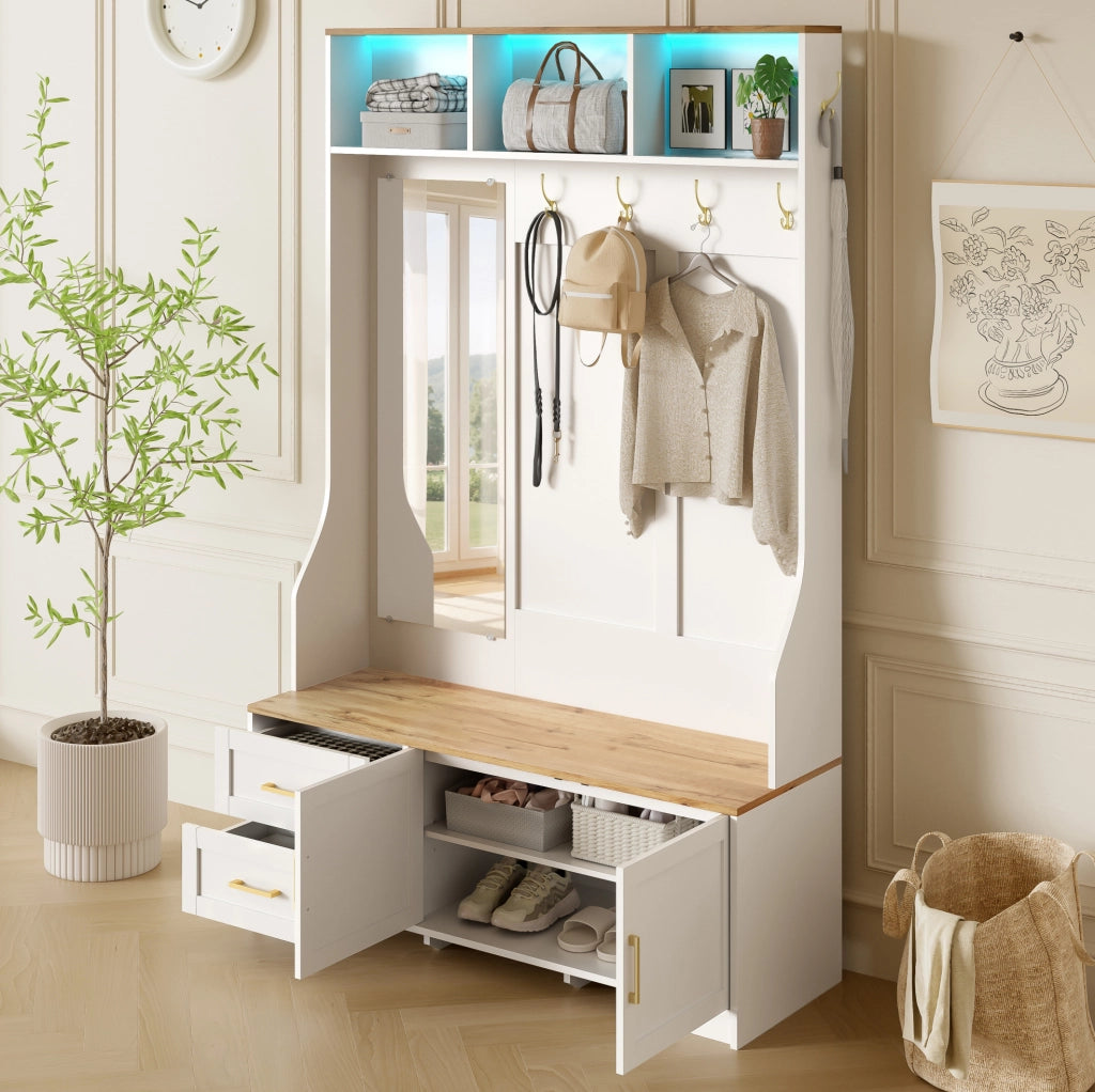 Mobile da ingresso 120x40x187 cm con LED, specchio, ganci e cassetti in MDF bianco e color legno