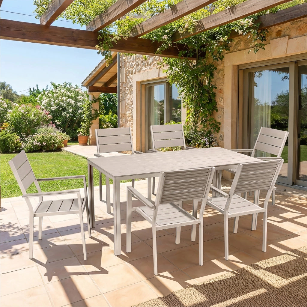Set Tavolo da Giardino con 6 Sedie in Acciaio e Piano HDPE Effetto Teak, Tavolo Esterno Rettangolare Moderno Resistente alle Intemperie, Arredo Outdoor Terrazzo Balcone Beige