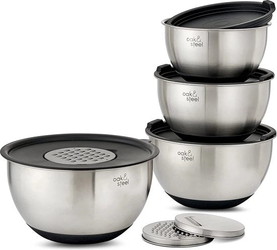 Set di miscelazione in acciaio inossidabile - 4 contenitori con fondo antiscivolo - 45 l, 35 l, 25 l, 2 l - coperchi airtight e set di raspati regolabili - set di regalo