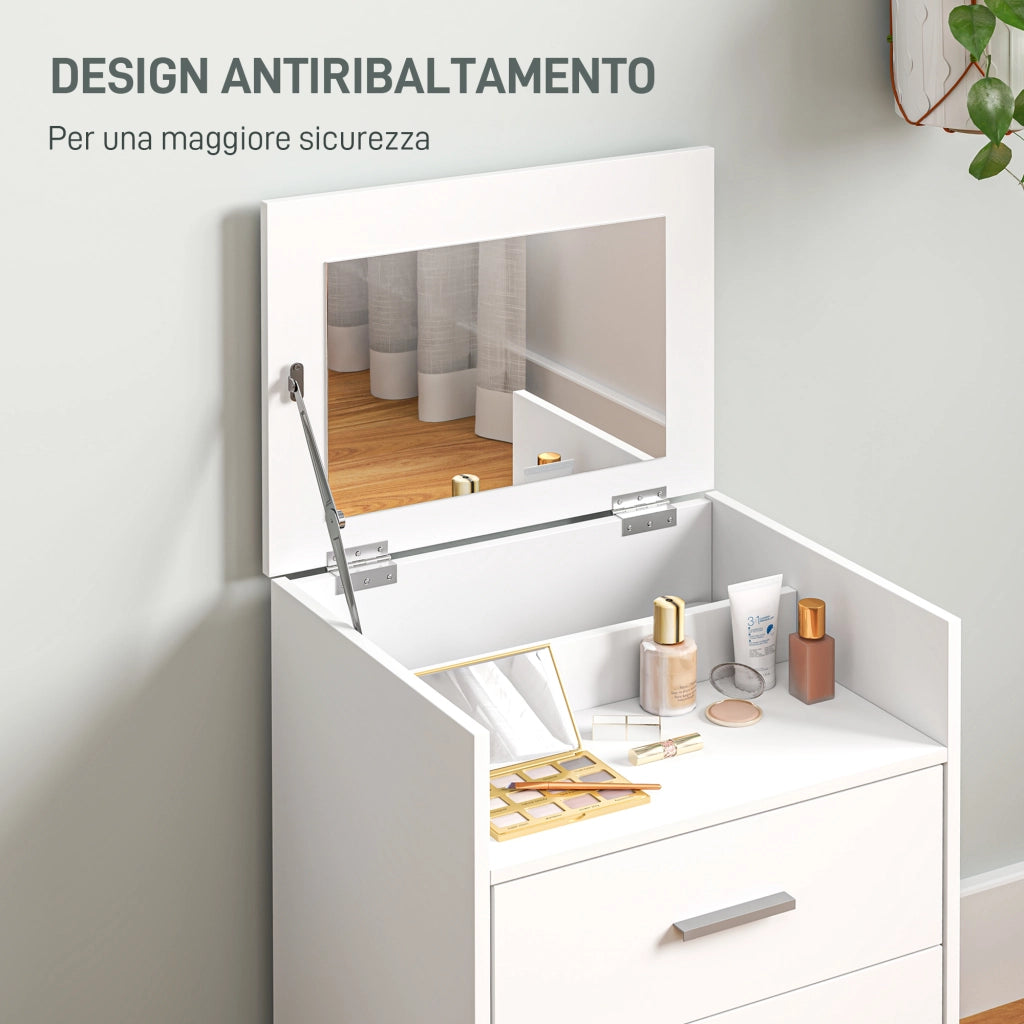 Tavolo da Trucco in Legno con Specchio Ribaltabile, 2 Cassetti e Sgabello, 50x40x113.5 cm, Bianco