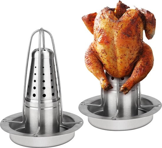 Set di 2 grills per pollo, griglia per pollo in acciaio inossidabile 430, standard per polli con contenitore a birra, contenitore per aroma per polli, bruciatore di pollame per barbecue.