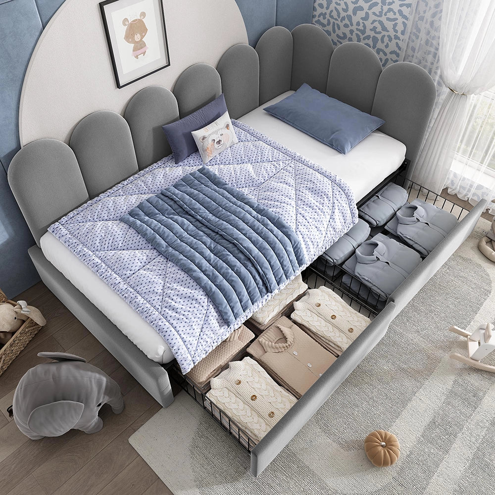 Letto imbottito singolo con cassetti - Xylo - 90x190cm - Grigio - Divano letto con contenitore