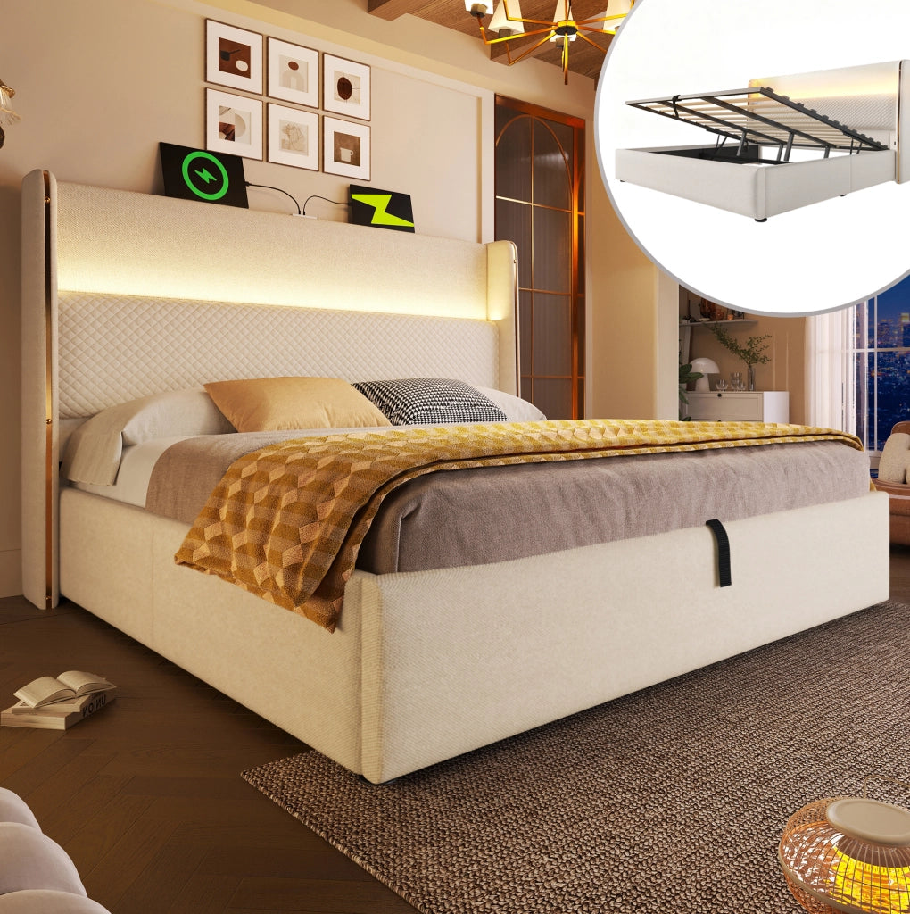 Letto matrimoniale 180x200 cm con LED, USB-C e contenitore beige
