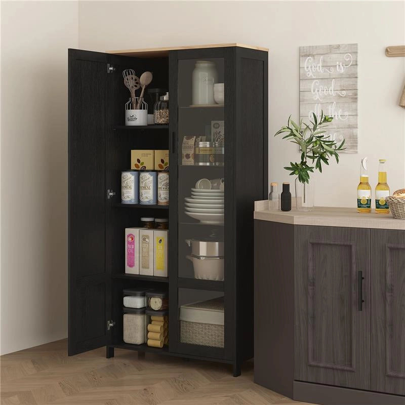 MOBILE DISPENSA CUCINA IN LEGNO A 9 RIPIANI REGOLABILI CON ANTE IN VETRO 76X36X160 CM NERO E COLOR LEGNO