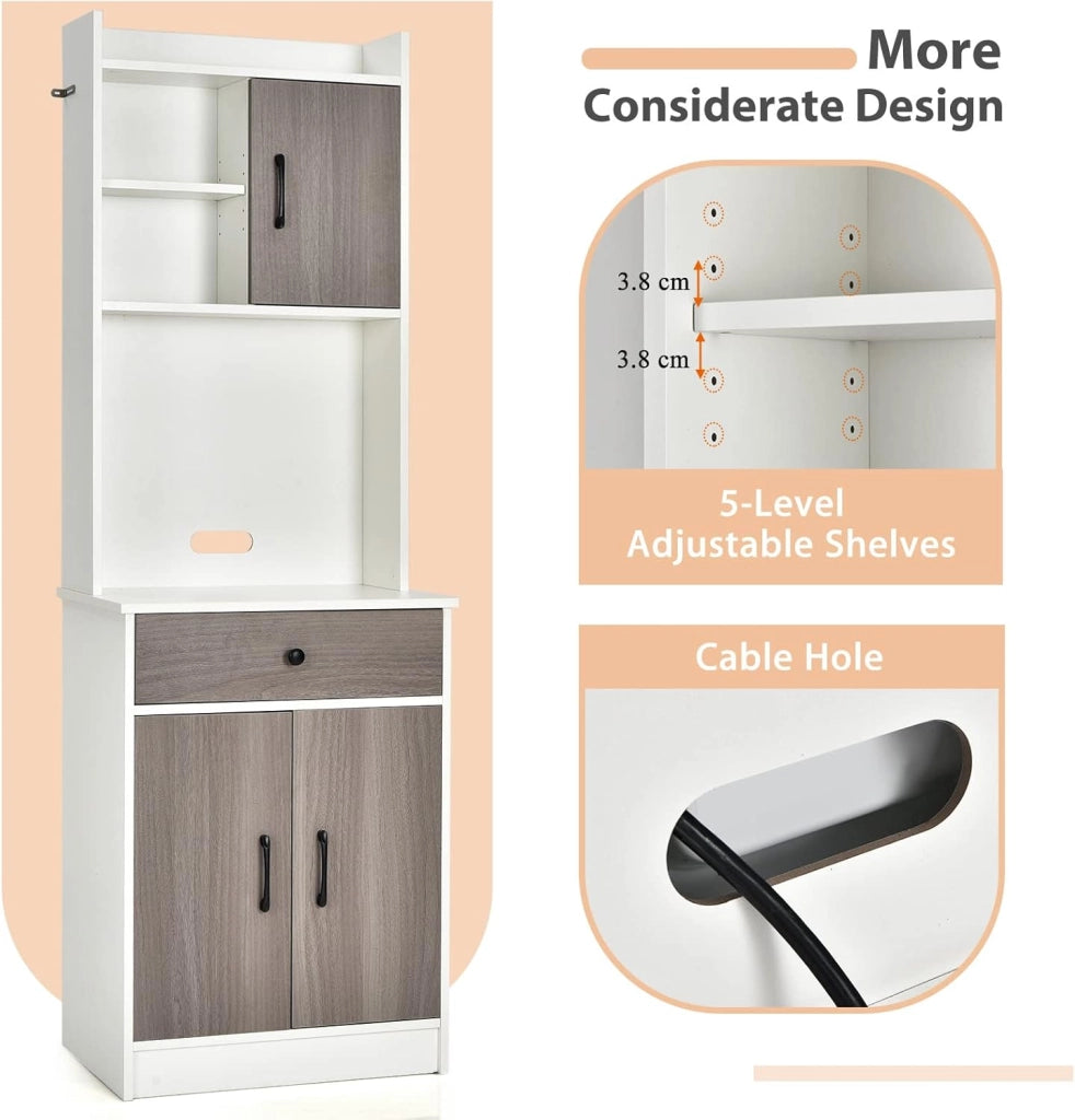 Armadio da Cucina Alto 180 cm, Credenza Alta da Cucina Multiuso, Mobile Buffet con Cassetto e Ripiani Regolabili, Mobiletto Cucina Salvaspazio Credenza, 60x40x180 cm, 2 Colori (Bianco)