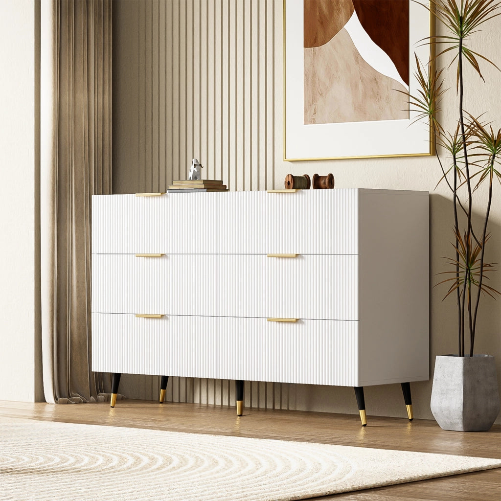 Credenza moderna 120x40x77 cm con 6 cassetti; bianca con dettagli dorati