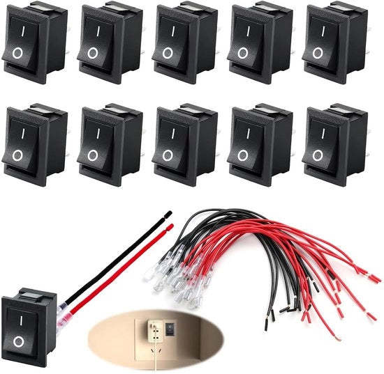 10 mini-interruttori a tappo con valvola di sfogo KCD1-101 interruttore 2 poli SPST ON/OFF resistente fino a 10A/125V e 6A/250V set di cavi per auto, barche e apparecchi elettrici
