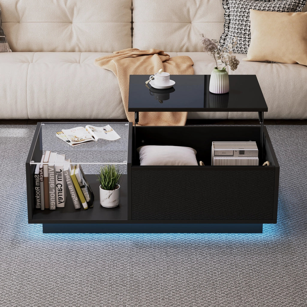 Tavolino basso sollevabile con 2 cassetti e vano nascosto LED finitura lucida moderna in legno ingegnerizzato nero