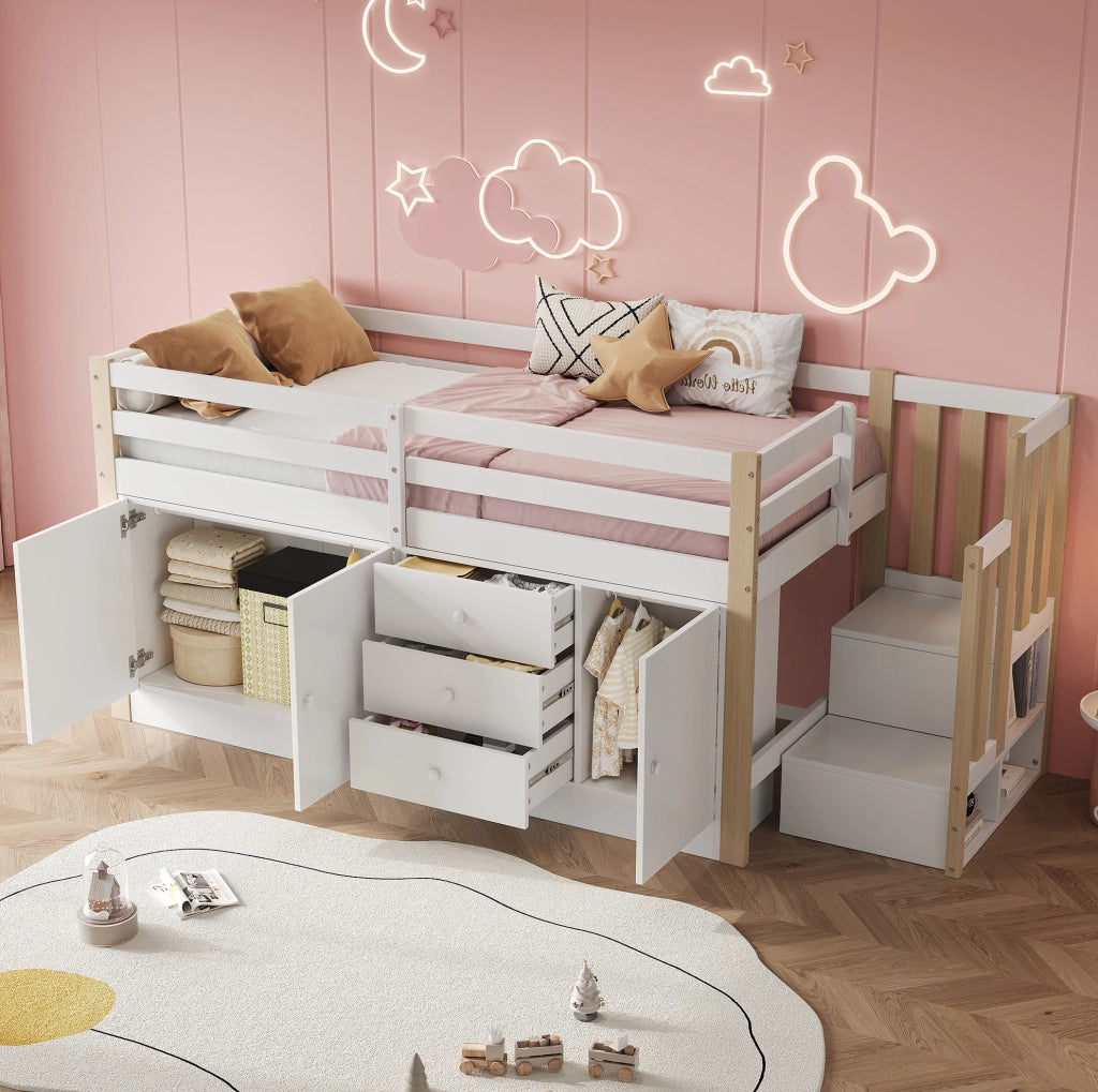 Letto a soppalco per bambini 90x200 cm con scala; cassetti e armadi; bianco