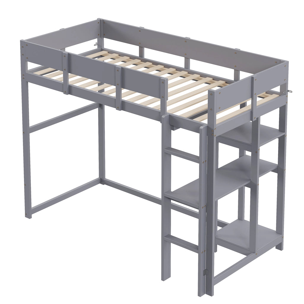 Letto a soppalco singolo 90×200 cm con ripiano e sponde per camera; senza materasso; legno; grigio
