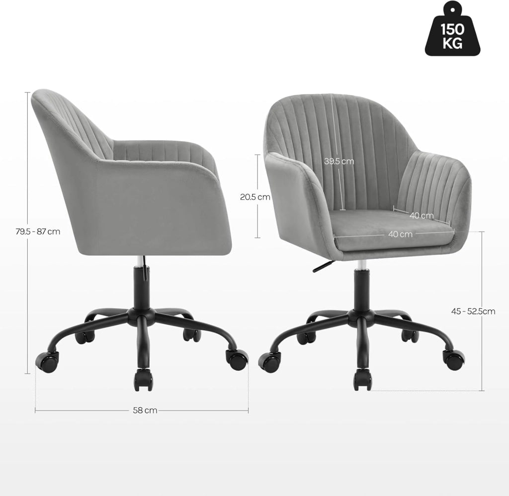 Sedia da Ufficio, Sedia da Toeletta, Poltrona Ergonomica, Ampia, in Velluto Imbottita, Regolabile in Altezza per Ufficio e Camera da Letto, Grigio Chiaro, BS166hgr