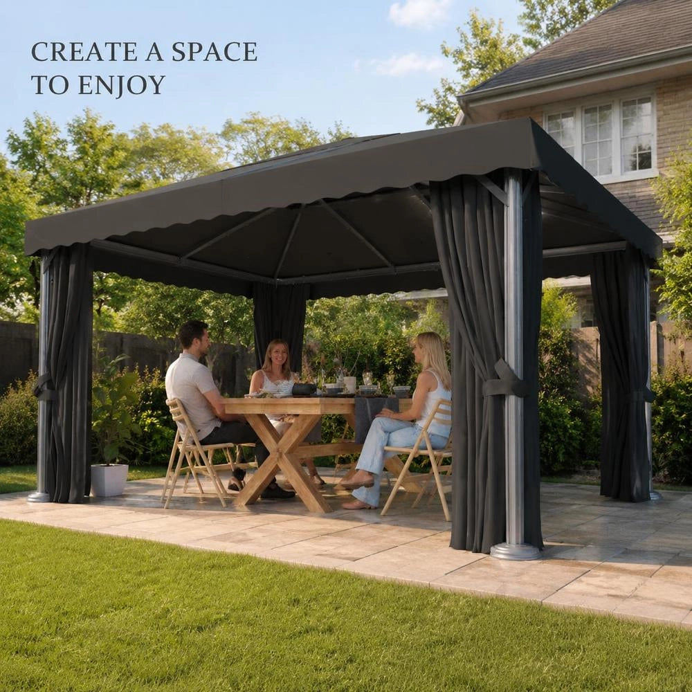 Pavilion With Curtains & LED String Lights 4x3 M Anthracite