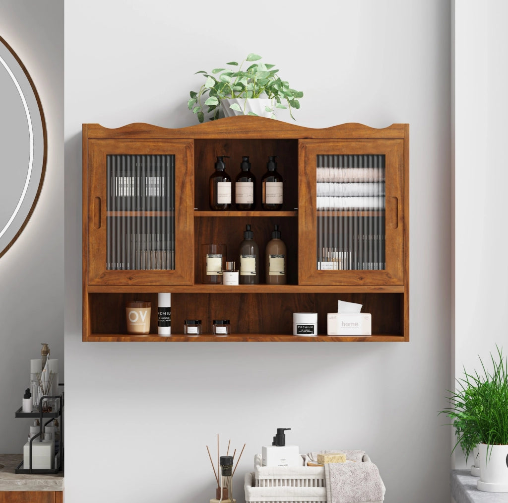 Mobile pensile retrò 90x20x60 cm in legno e vetro marrone per cucina
