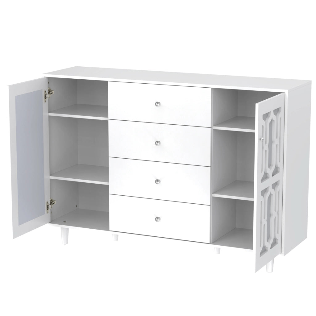 Credenza specchiata bianca - Zephmum- Maniglie in cristallo, 147,5x40x102cm
