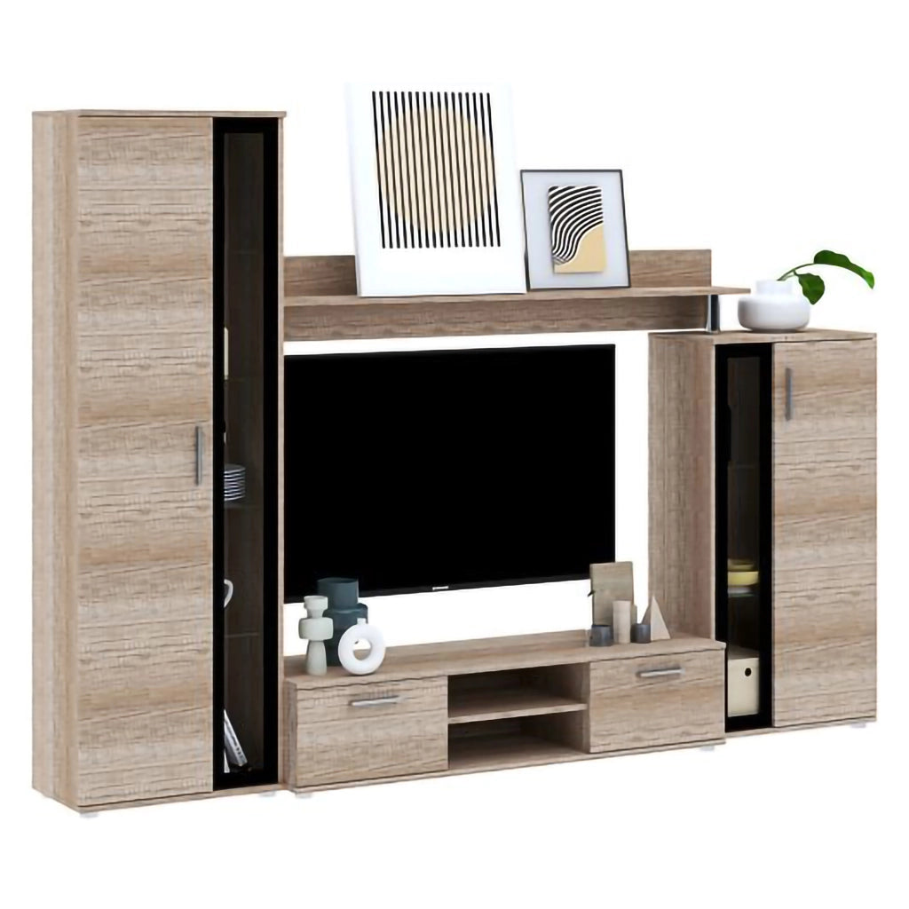 Mobile Soggiorno Linafa, Parete Attrezzata Modulabile, Marrone Rovere